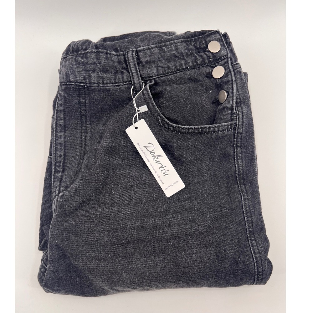 Dokuritu Women's Charcoal Gray Denim‎ Overalls Size L Wide Leg Casual Workwear